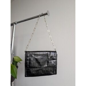 The Limited Black leather shoulder bag with silver chain strap croc emboss